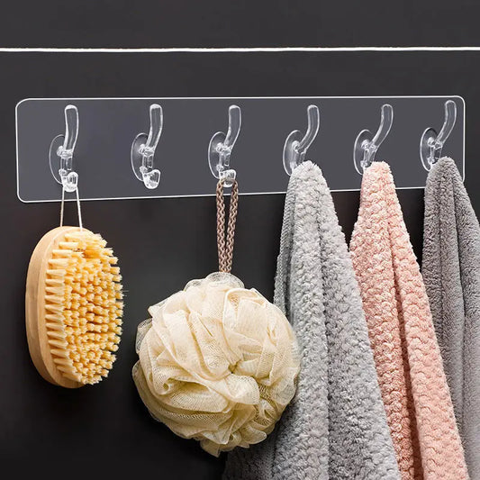 Transparent 6-Hook Rack: Punch-Free, Multipurpose Wall Organizer for Kitchen & Bathroom